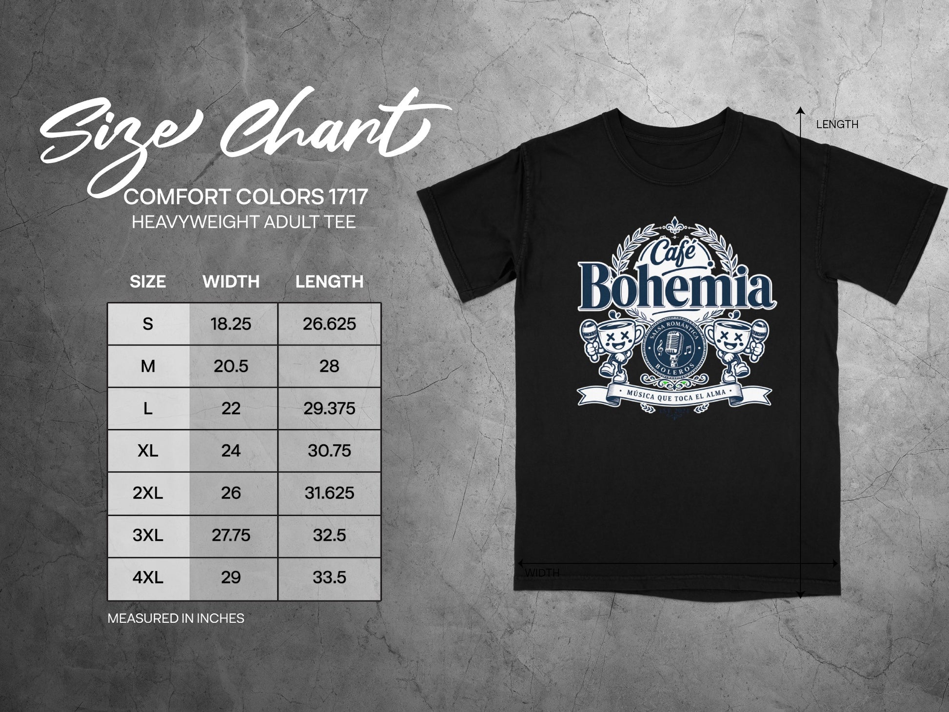 Size chart for Cafe Bohemia t-shirt, showing sizes S through 4XL with width and length.