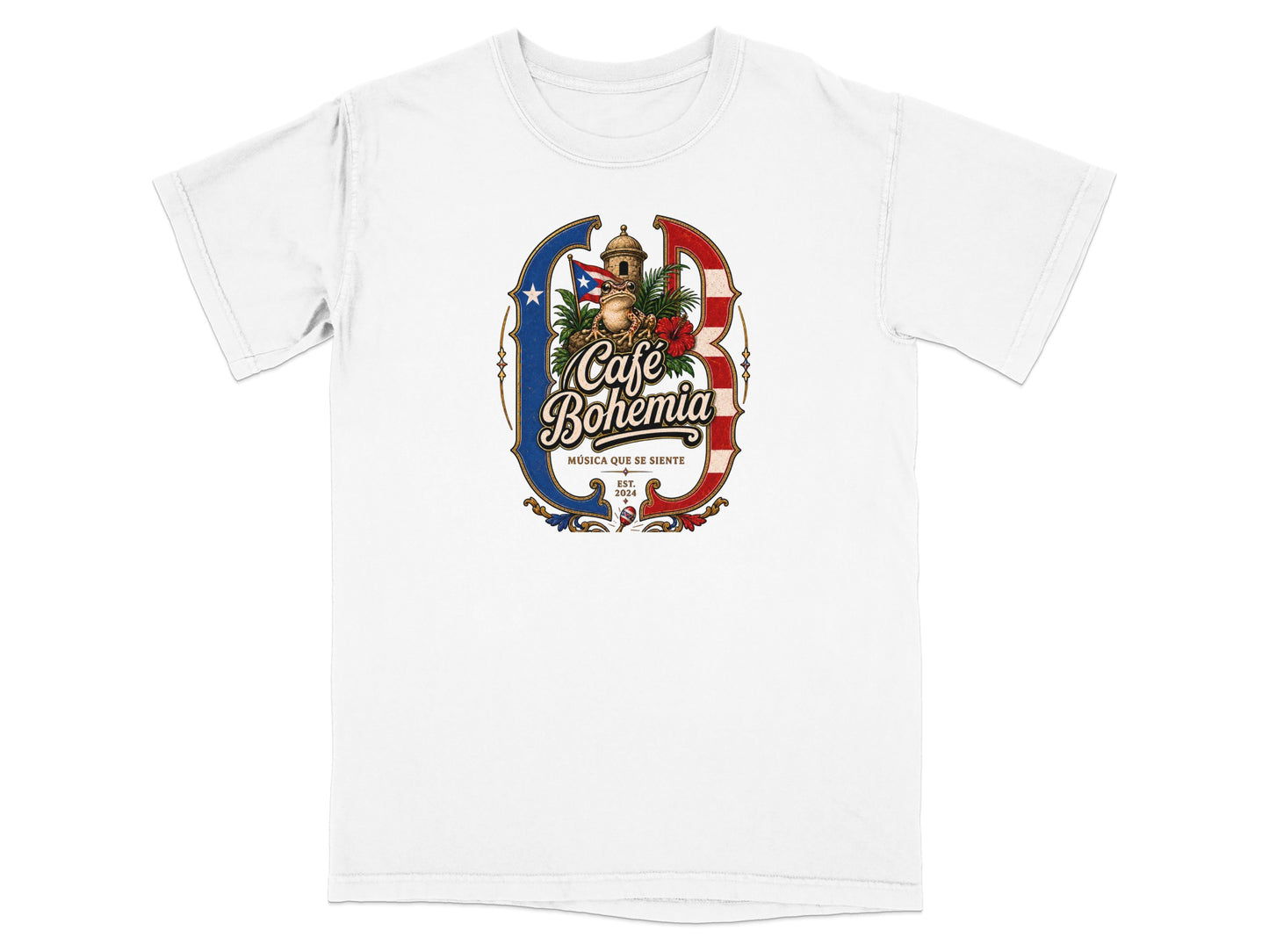 White t-shirt with "Café Bohemia Musica Que Se Siente" logo featuring a frog and Puerto Rican flag.