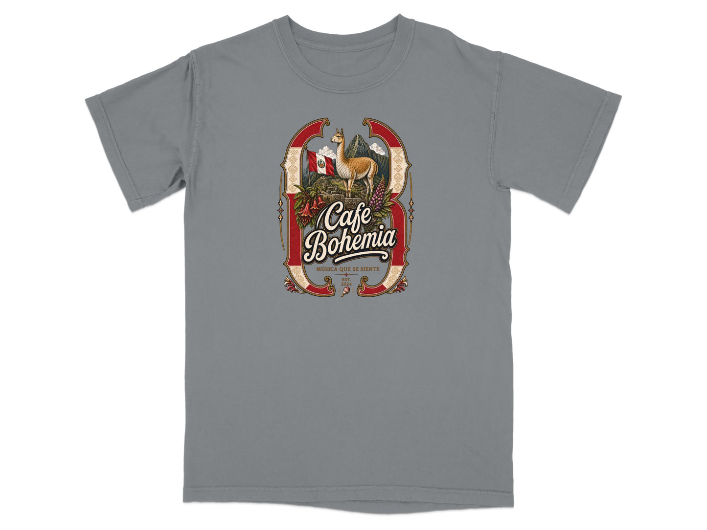 Gray t-shirt with "Cafe Bohemia" logo featuring a llama and Peruvian flag.