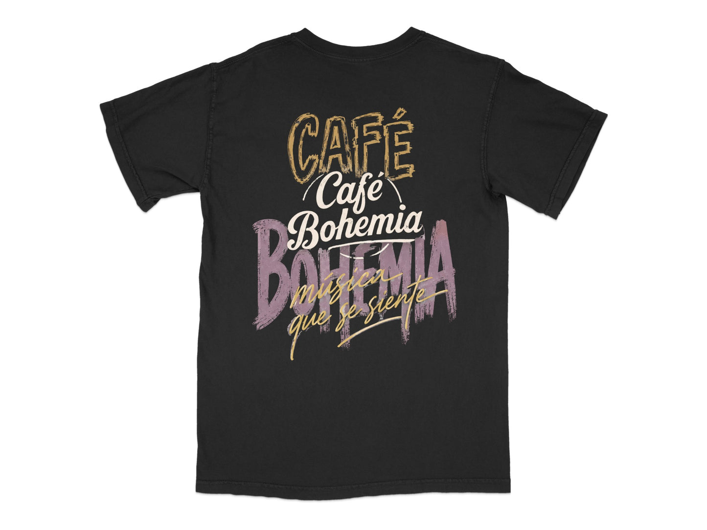 Black t-shirt with "Café Bohemia" and "musica que se siente" text design.