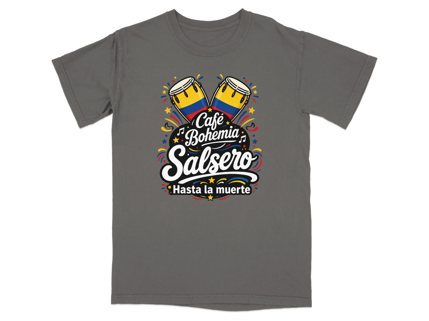 T-shirt with "Café Bohemia Salsero Hasta la muerte" and Colombian flag drums.