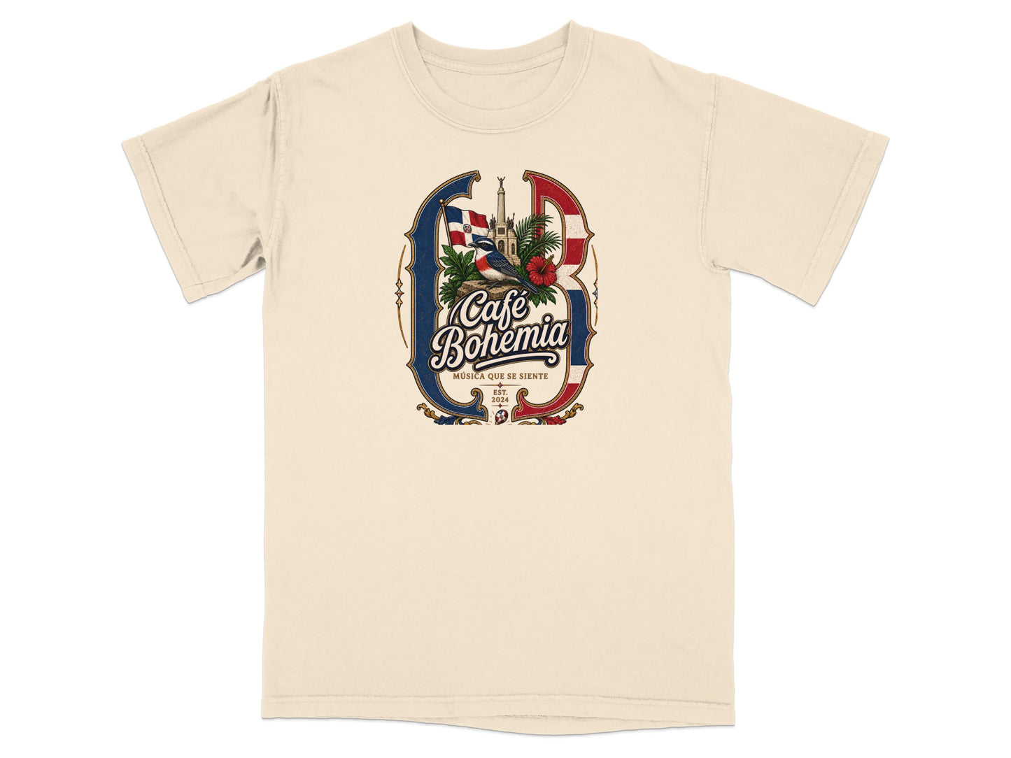 Cafe Bohemia t-shirt with vintage logo featuring a bird, hibiscus, and Dominican flag.