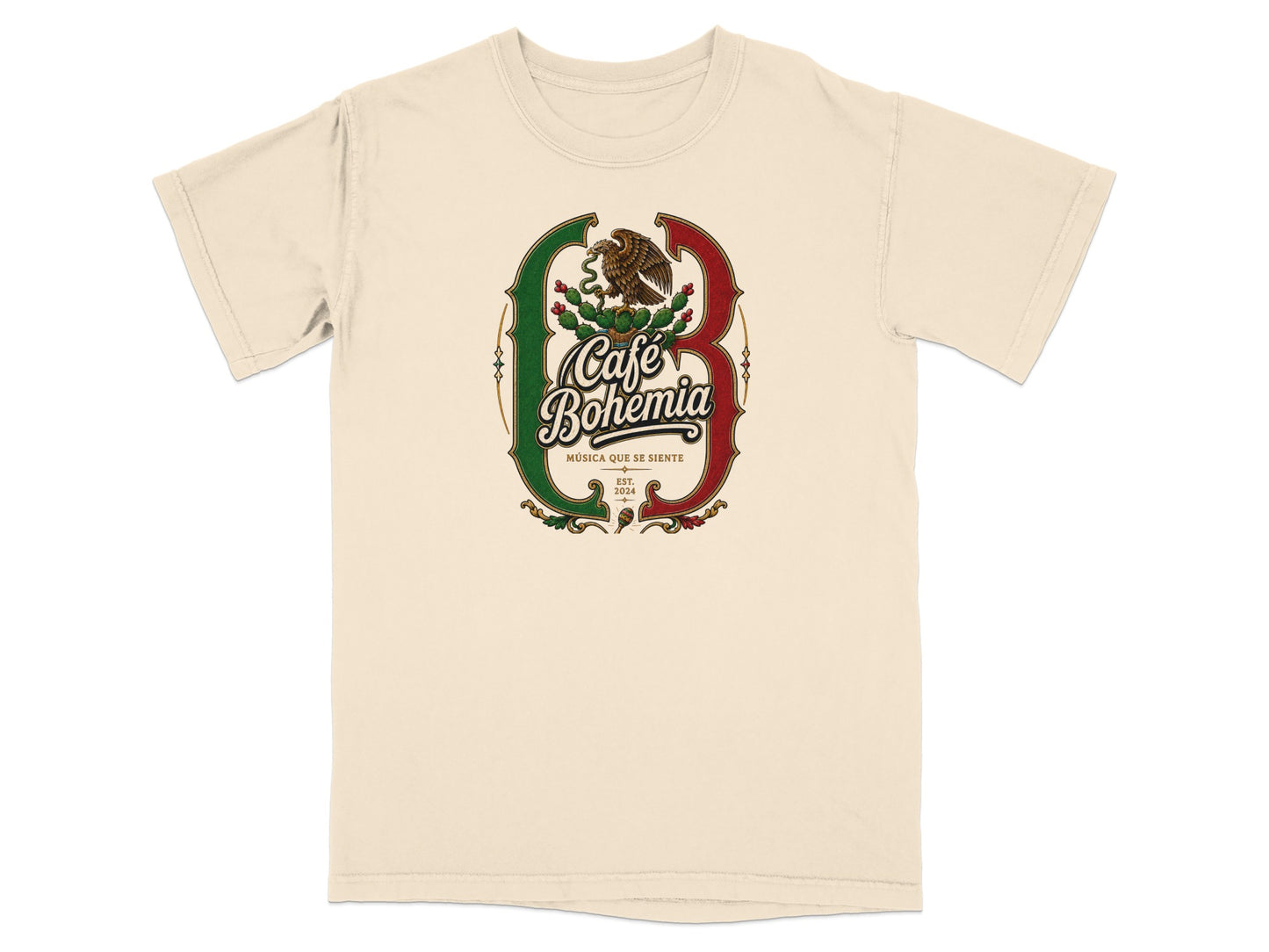 Cream t-shirt with "Café Bohemia" logo featuring an eagle and cactus.