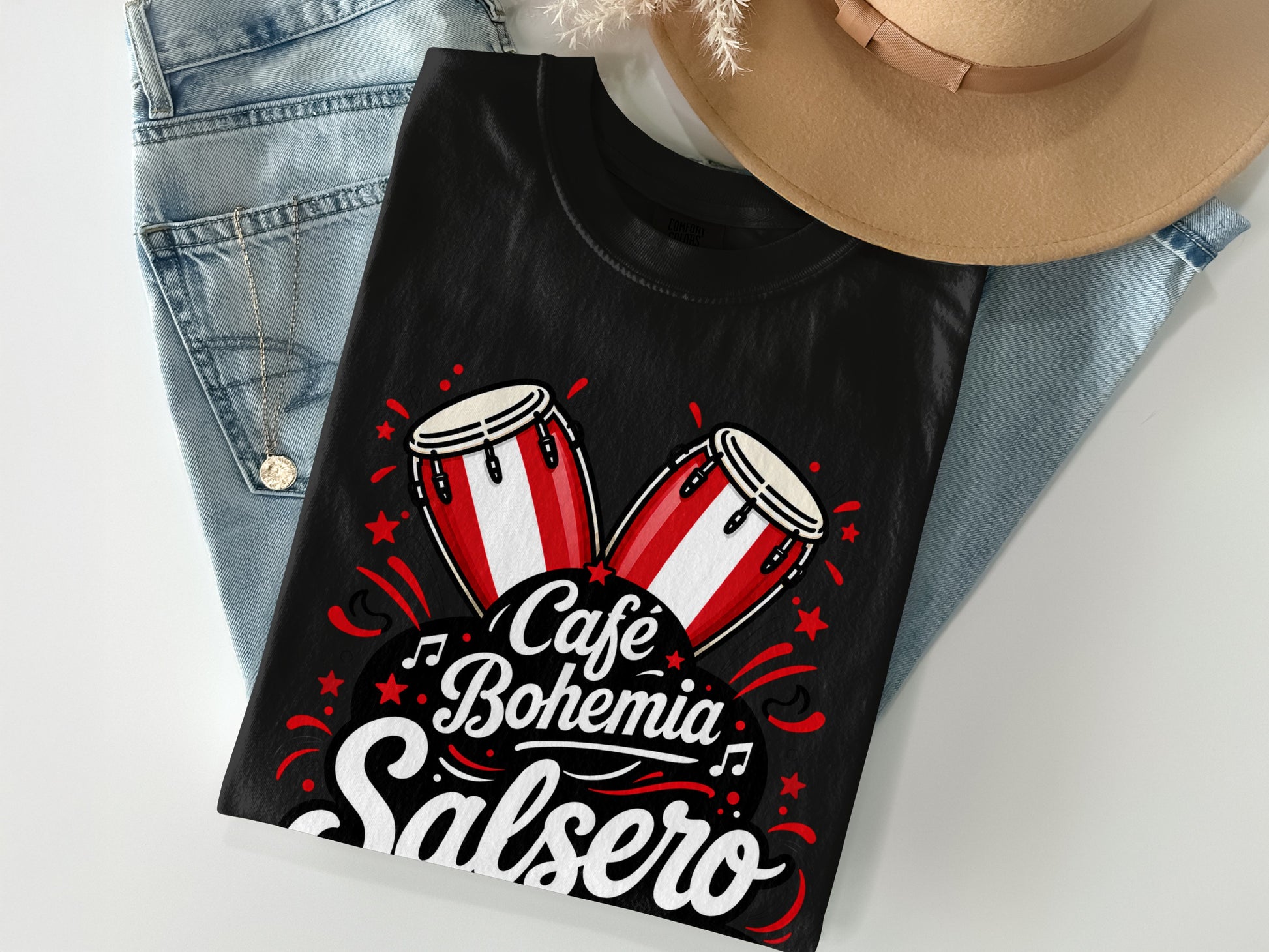 Black t-shirt with "Café Bohemia Salsero" and conga drums.