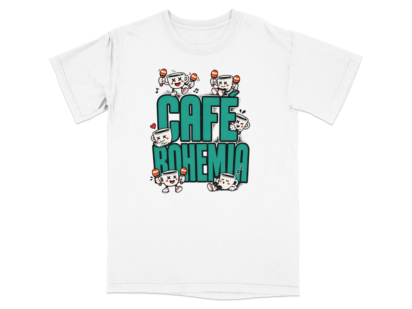 Cartoon coffee cups dancing and holding maracas, with "CAFE BOHEMIA" text.