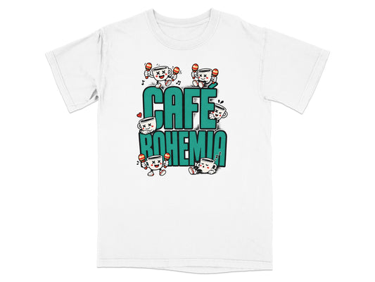 Cartoon coffee cups dancing and holding maracas, with "CAFE BOHEMIA" text.