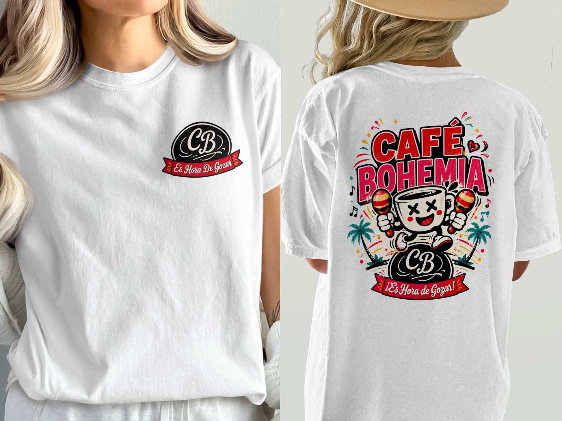 White t-shirt with front and back designs featuring "CB" logo and "Café Bohemia" graphics.