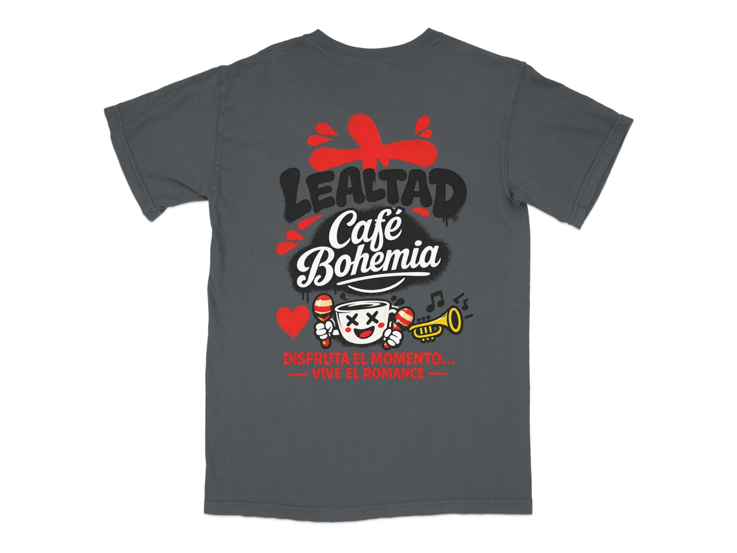 T-shirt with "Lealtad Café Bohemia" logo, maracas, and trumpet graphic.