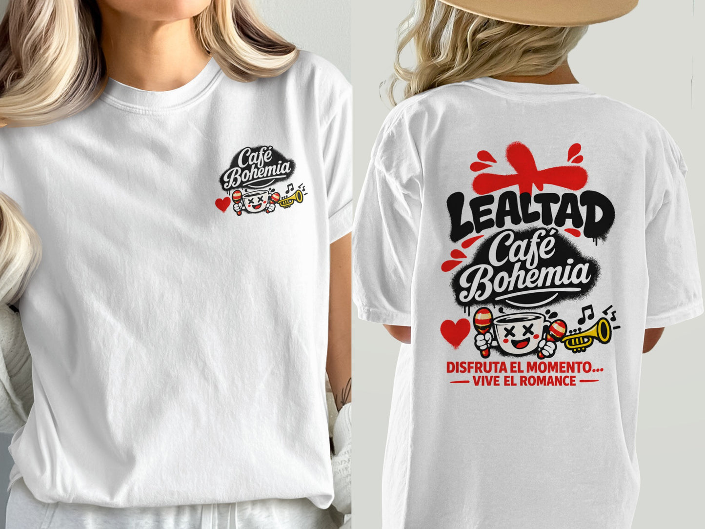 White t-shirt with "Café Bohemia" logo on front and back with "Lealtad" and romantic phrases on back.