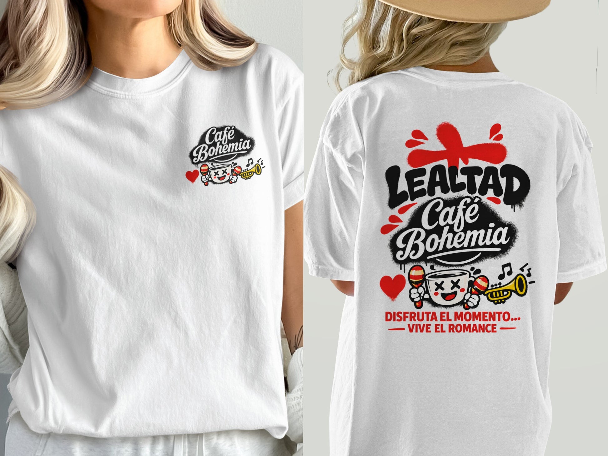 White t-shirt with "Café Bohemia" logo on front and back with "Lealtad" and romantic phrases on back.