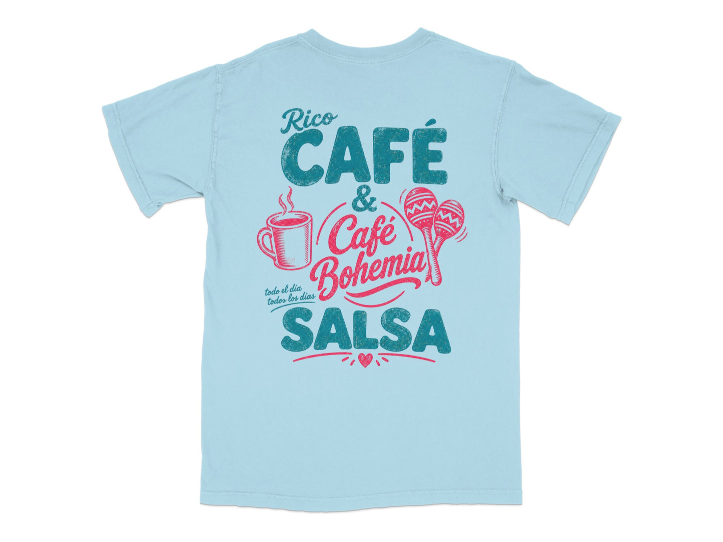Light blue t-shirt with "Rico Cafe & Bohemia Salsa" and a coffee cup design.