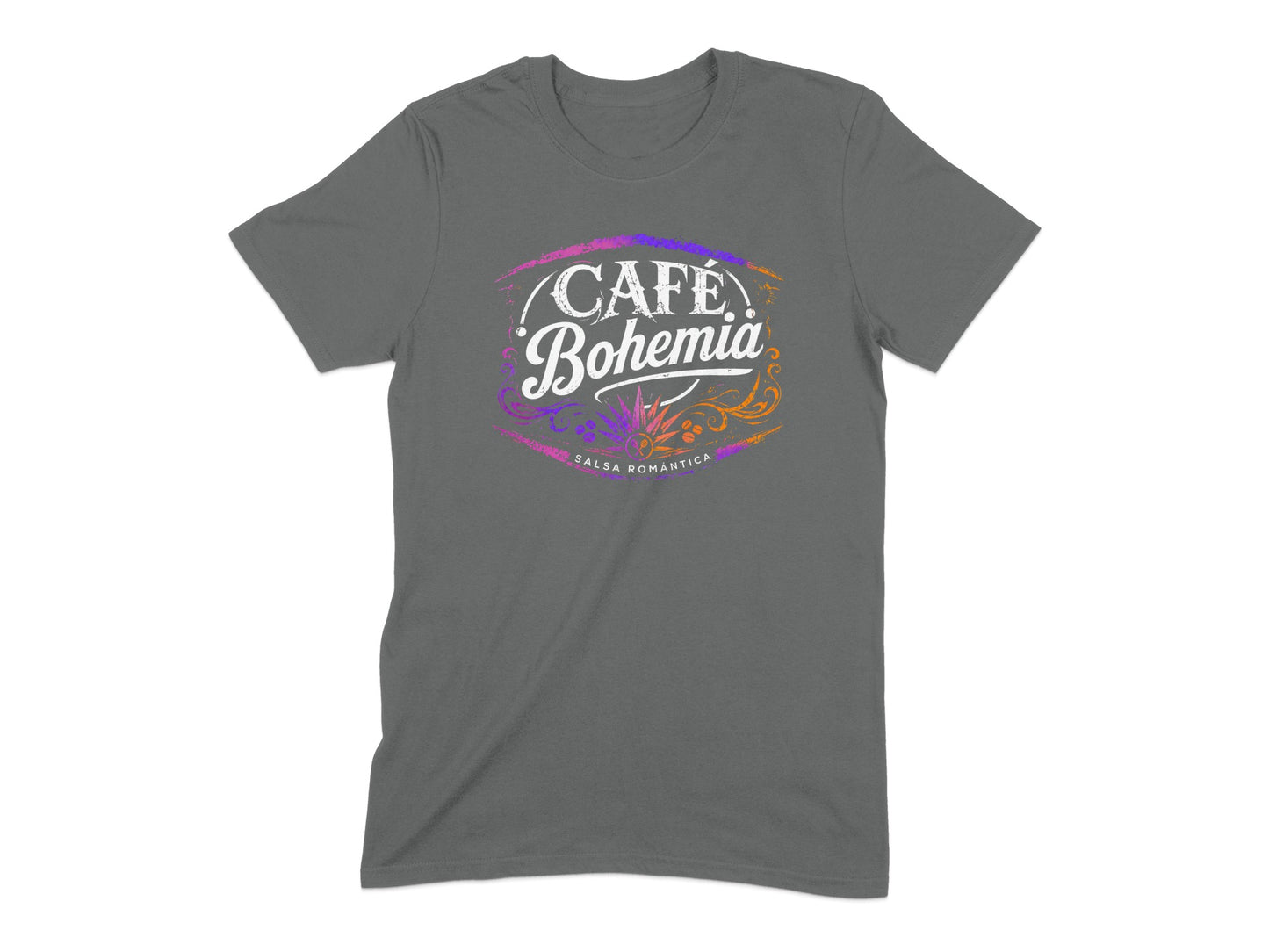 Gray t-shirt with "Cafe Bohemia Salsa Romantica" text and colorful design.