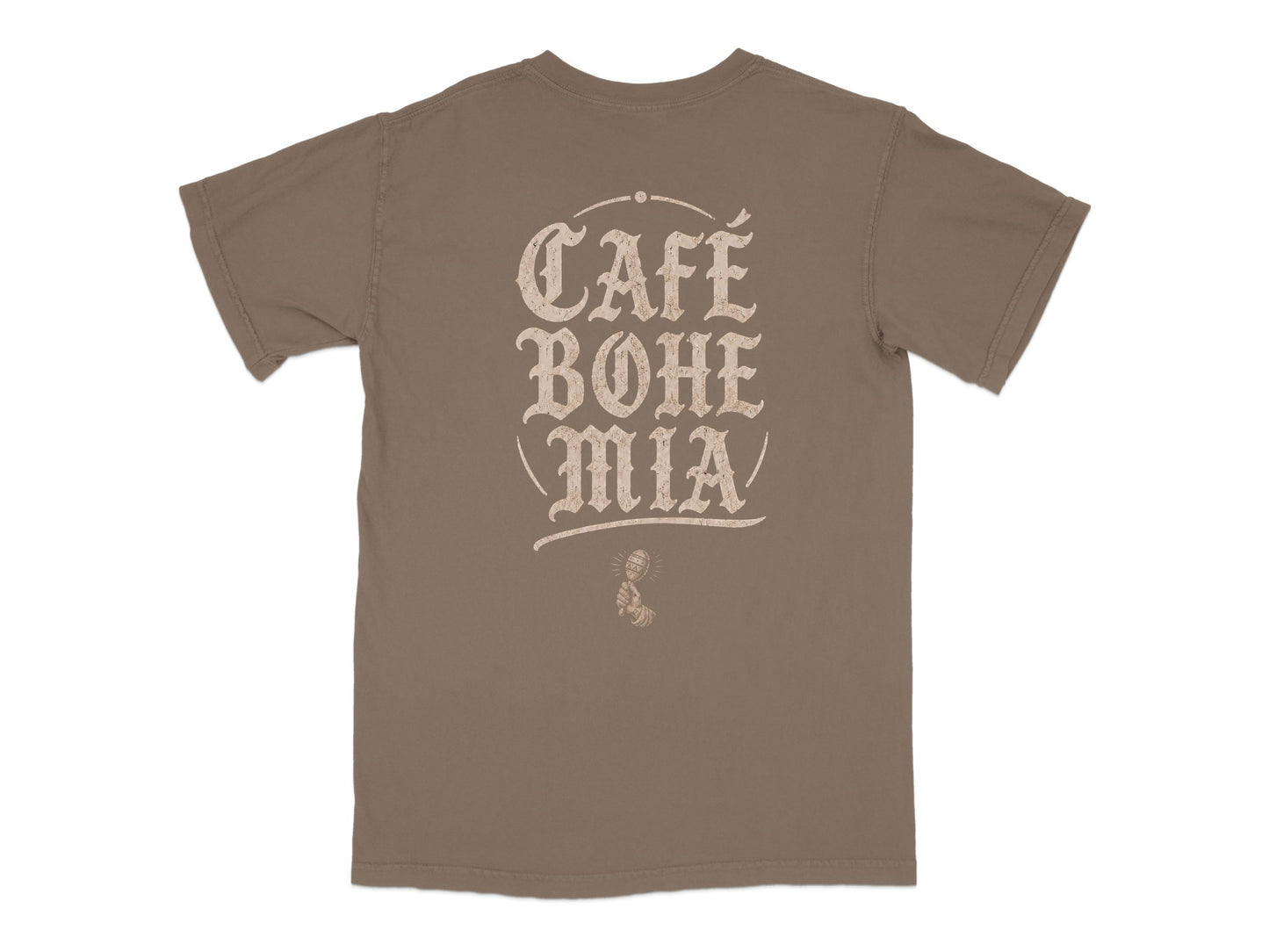 Brown t-shirt with "CAFÉ BOHEMIA" and a raised hand graphic.