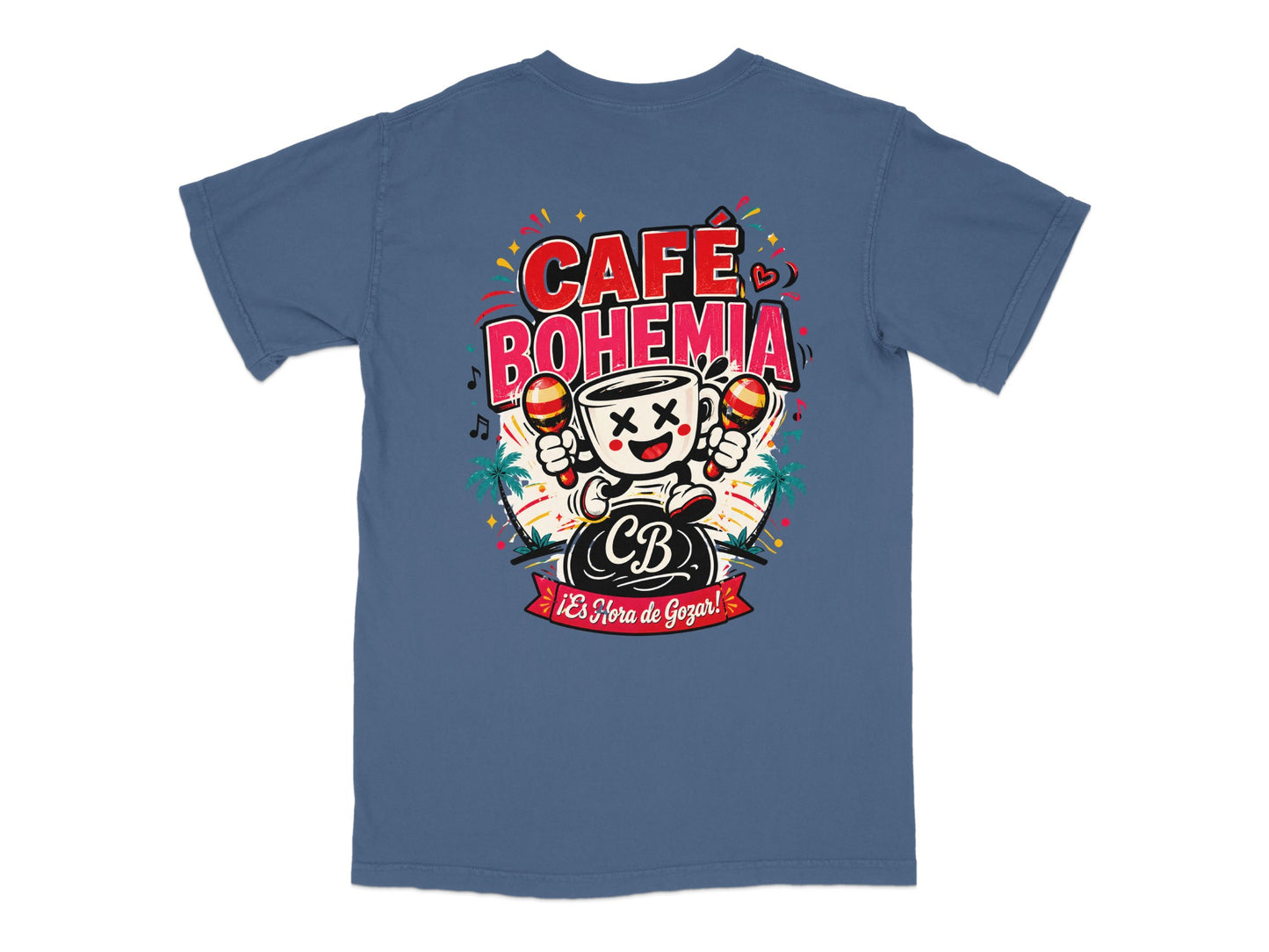 Cafe Bohemia T-shirt with cartoon coffee cup characters playing maracas and palm trees.