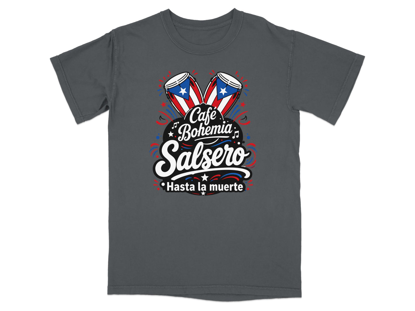 Dark gray t-shirt with "Cafe Bohemia Salsero Hasta la muerte" and drums.