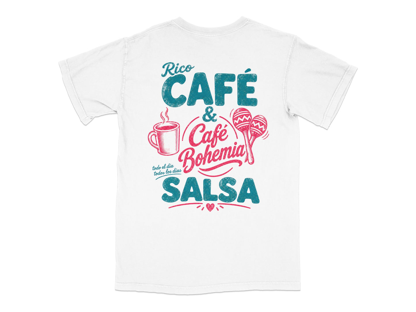 Rico Cafe & Bohemia Salsa graphic tee with coffee cup and maracas.