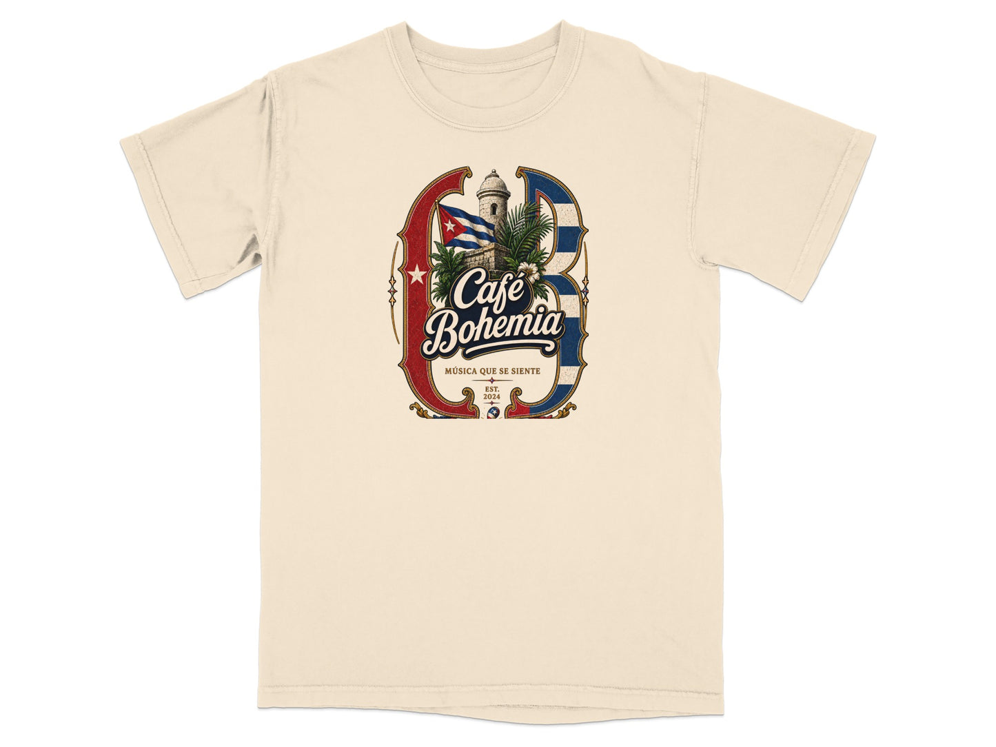 Cream t-shirt with a vintage "Cafe Bohemia" graphic featuring Cuban flag and architecture.