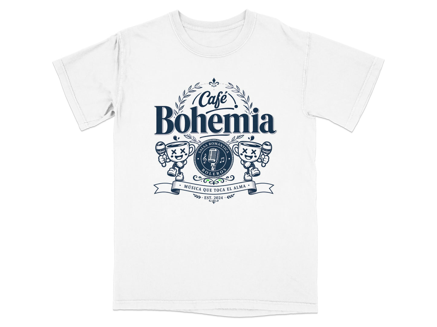 Café Bohemia t-shirt with crossed microphones and "Música que toca el alma" text.