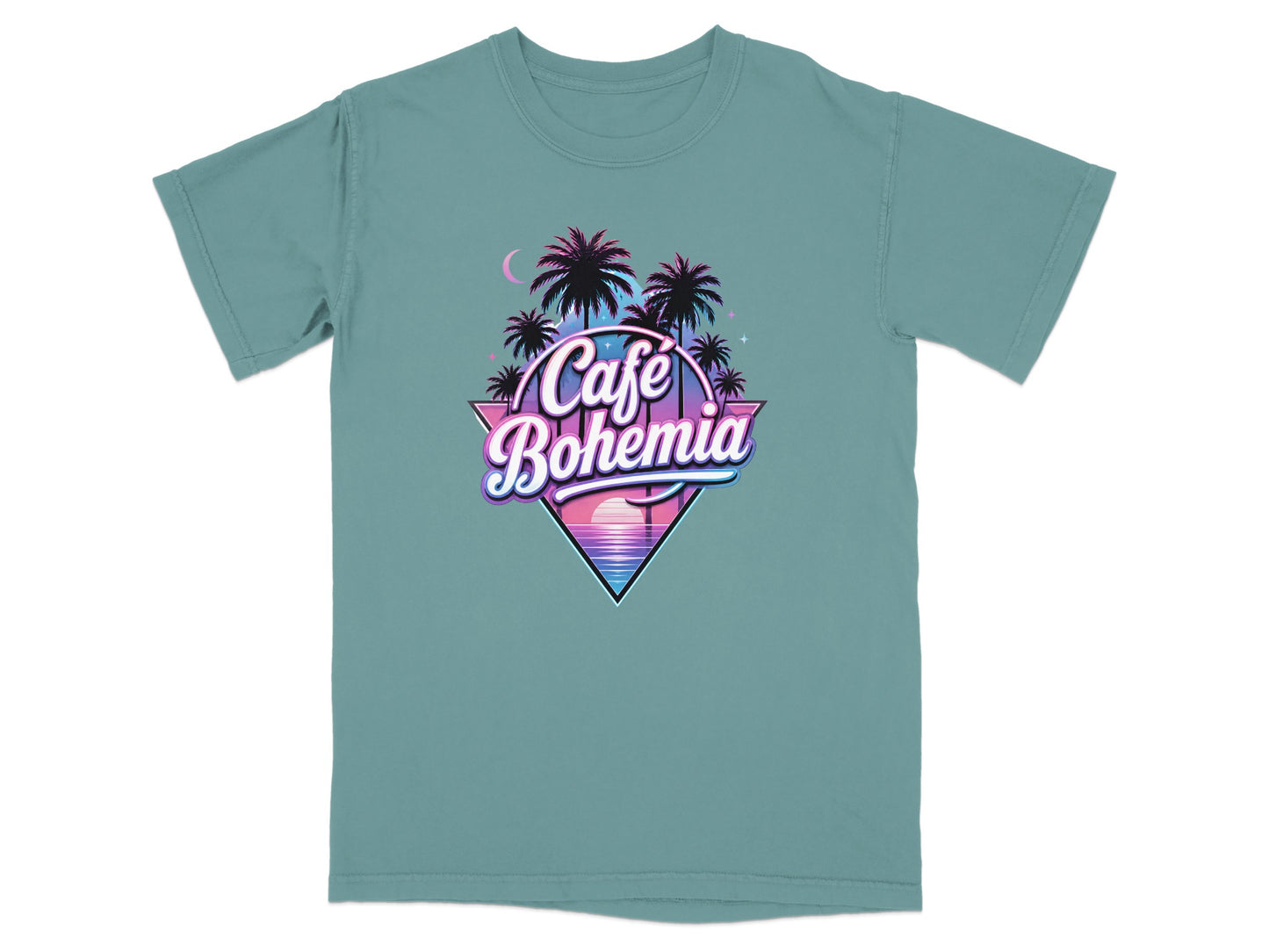 Retro neon logo for Cafe Bohemia with palm trees and a sunset triangle.