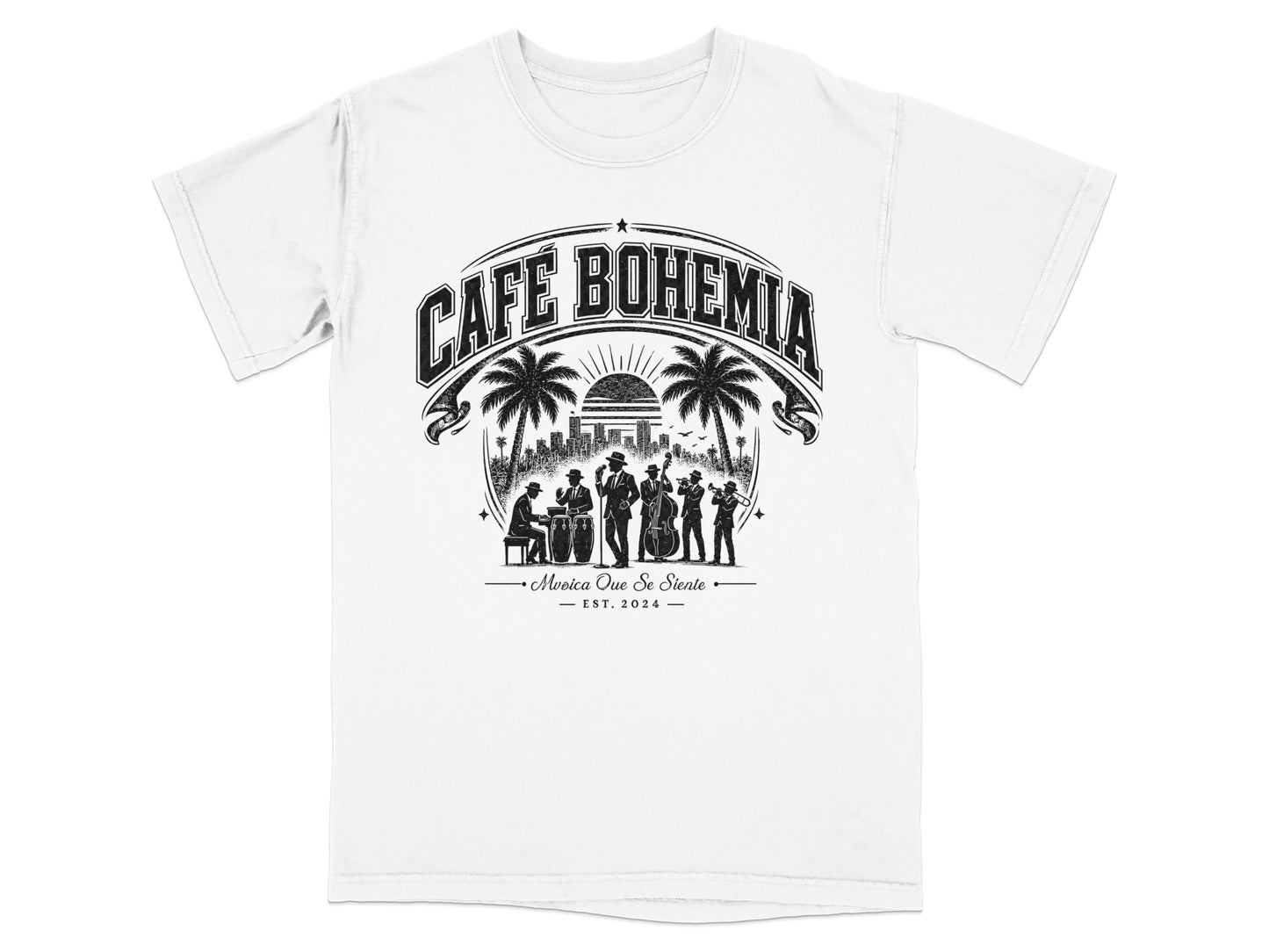 Café Bohemia t-shirt with palm trees, band, and "Est. 2024".