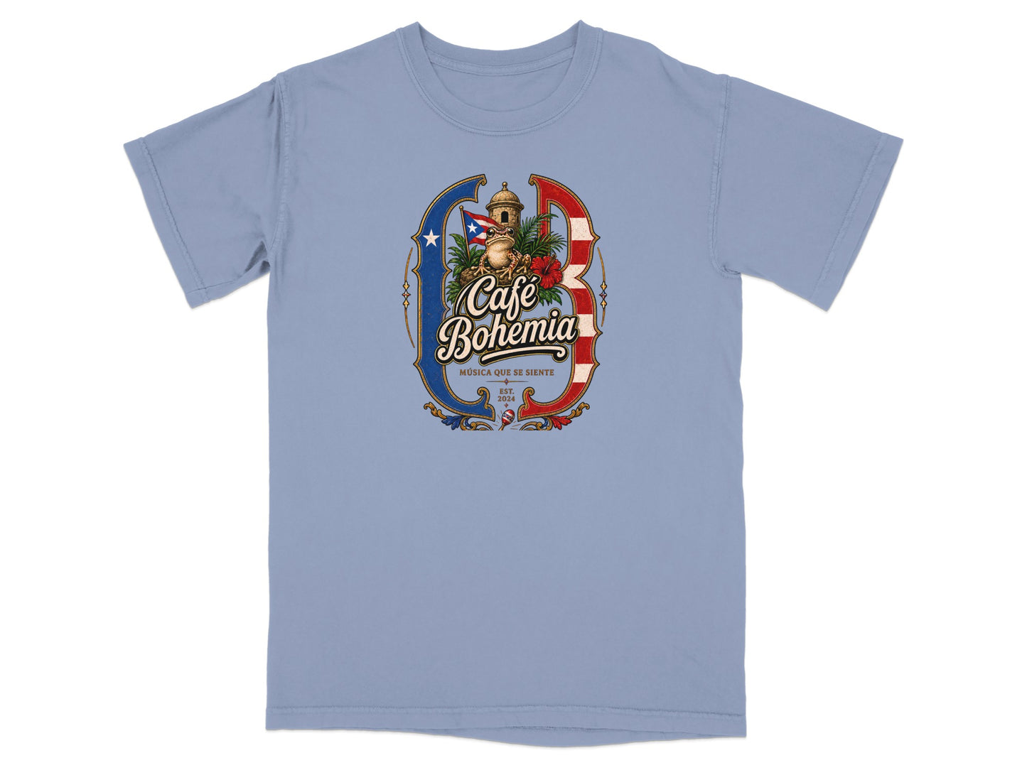 Café Bohemia t-shirt with Puerto Rican flag, coqui frog, and musical note design.