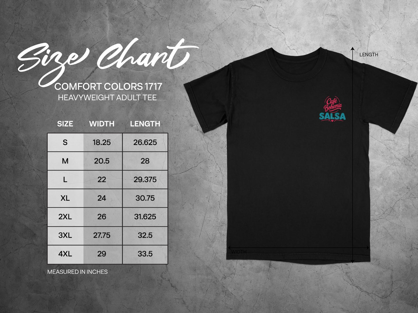 Café Bohemia SALSA heavyweight adult tee size chart with width and length in inches.
