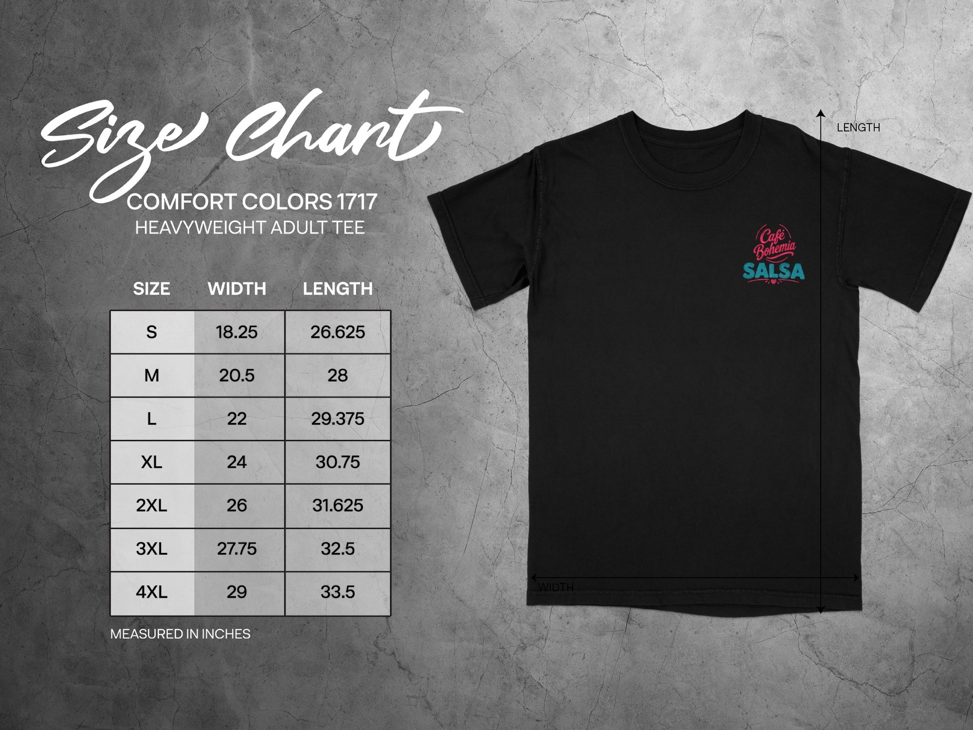 Café Bohemia SALSA heavyweight adult tee size chart with width and length in inches.