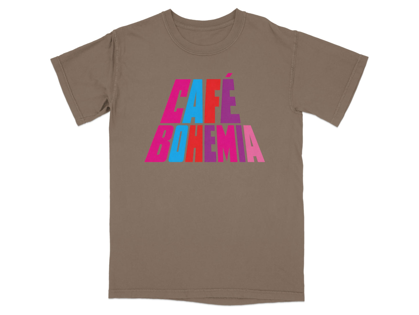 Brown t-shirt with colorful "CAFÉ BOHEMIA" text.