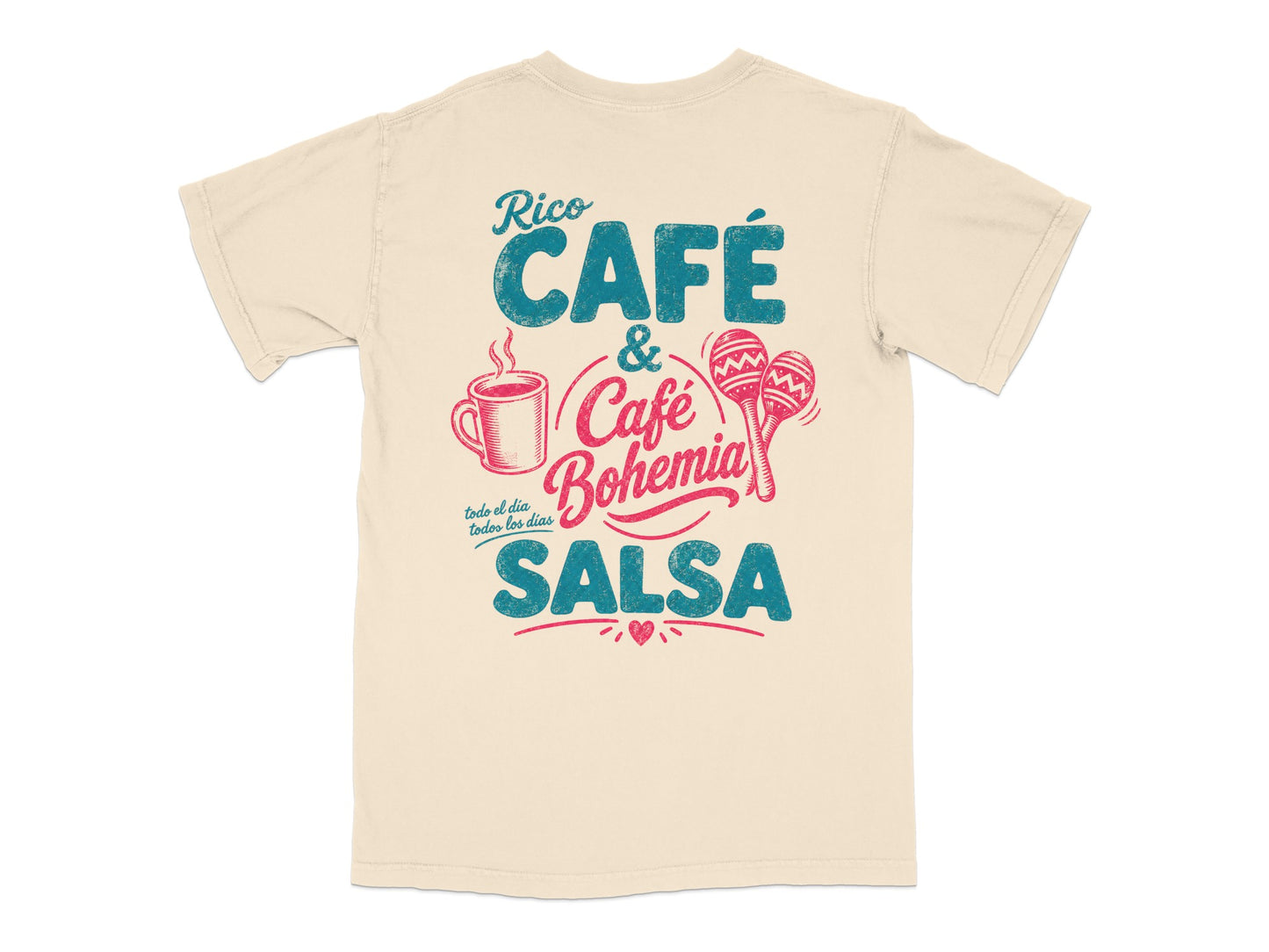 Rico Cafe & Bohemia Salsa t-shirt with coffee cup and maracas graphic.