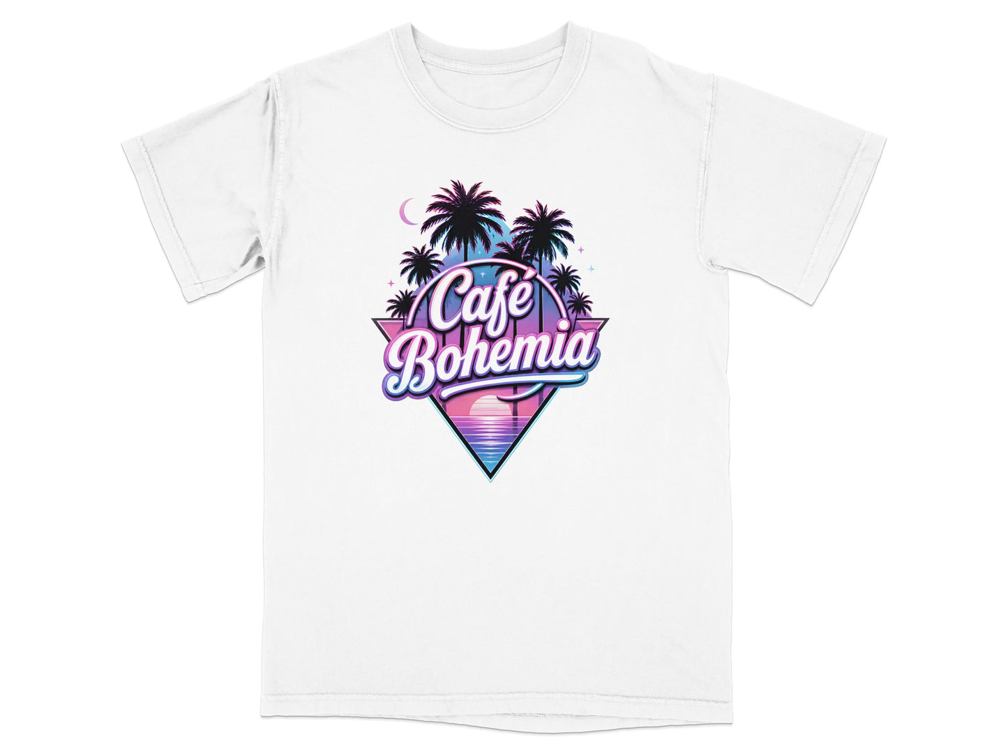 T-shirt with retro "Cafe Bohemia" logo featuring palm trees and a sunset triangle.
