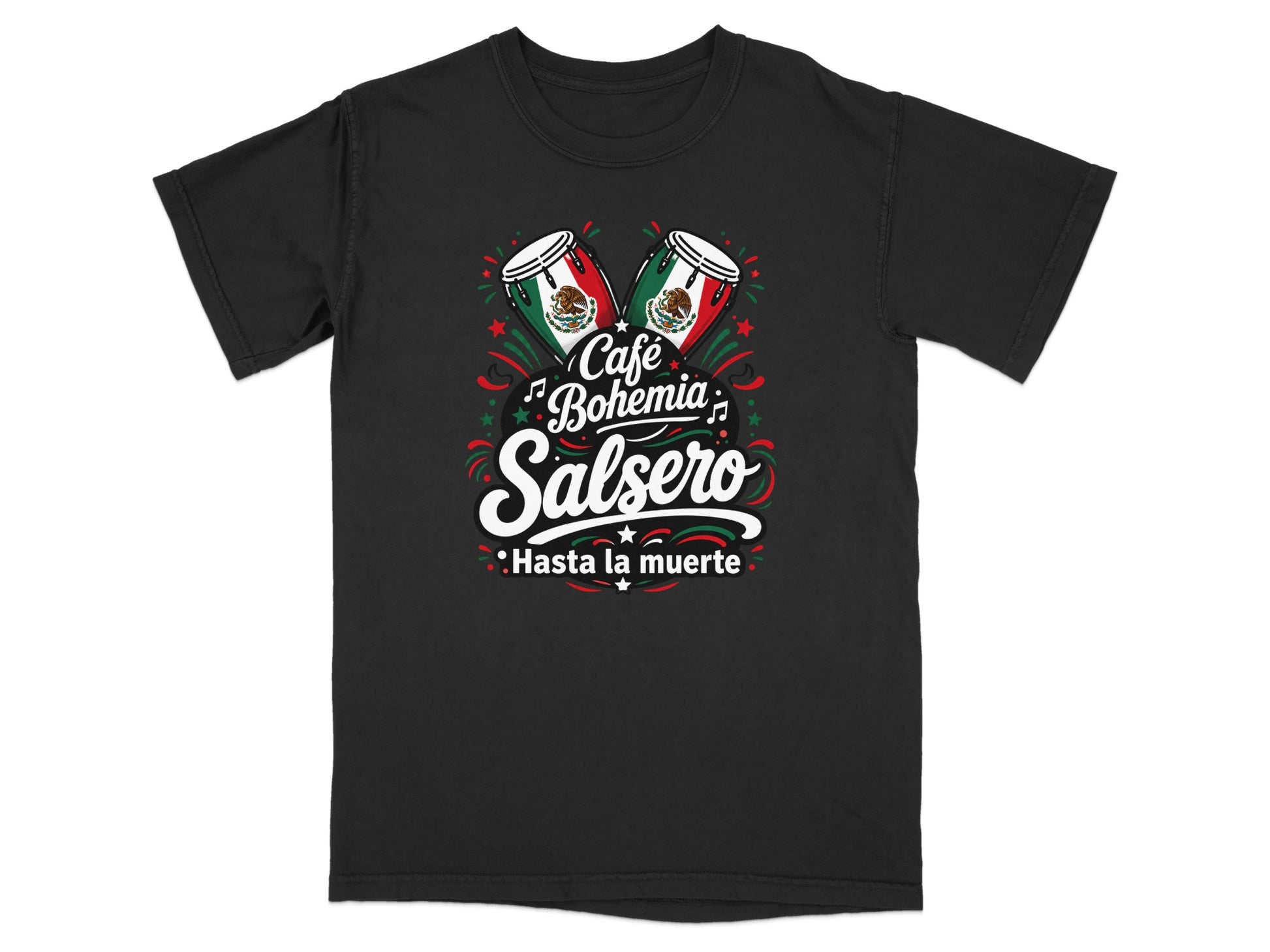 Black t-shirt with "Café Bohemia Salsero" and Mexican flag drums.