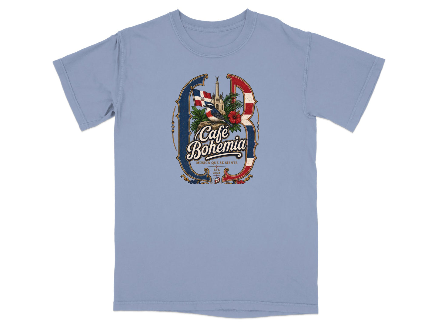 Blue t-shirt with "Café Bohemia Música Que Se Siente" logo and Dominican flag.