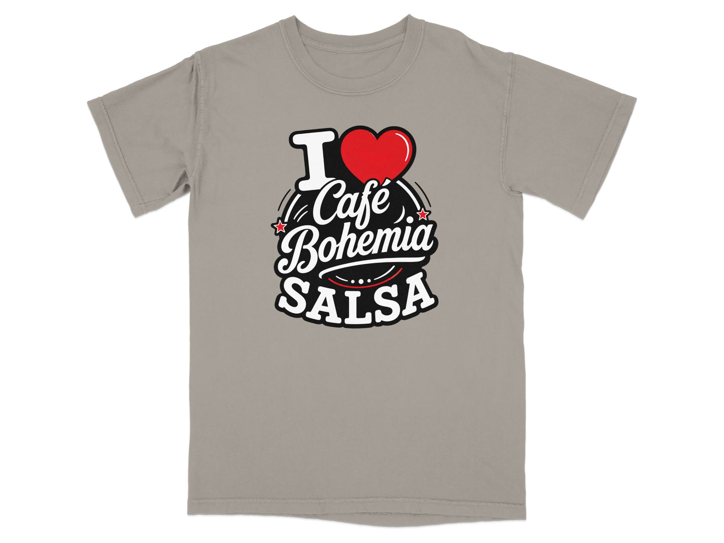 Gray t-shirt with "I ❤️ Cafe Bohemia Salsa" text and graphics.