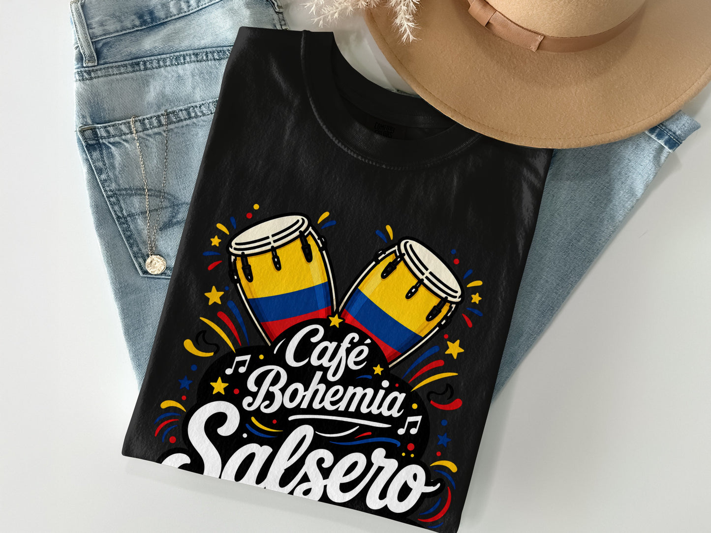 Black t-shirt with "Café Bohemia Salsero" text and Colombian flag conga drums.