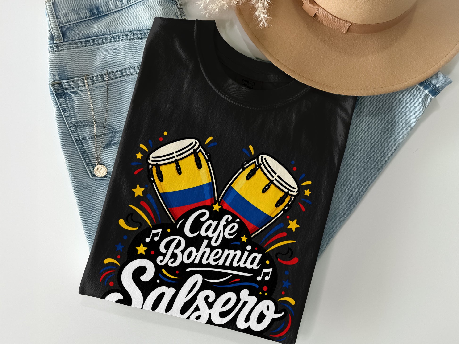 Black t-shirt with "Café Bohemia Salsero" text and Colombian flag conga drums.