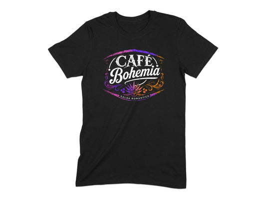 Black t-shirt with oval logo for "Cafe Bohemia Salsa Romántica".