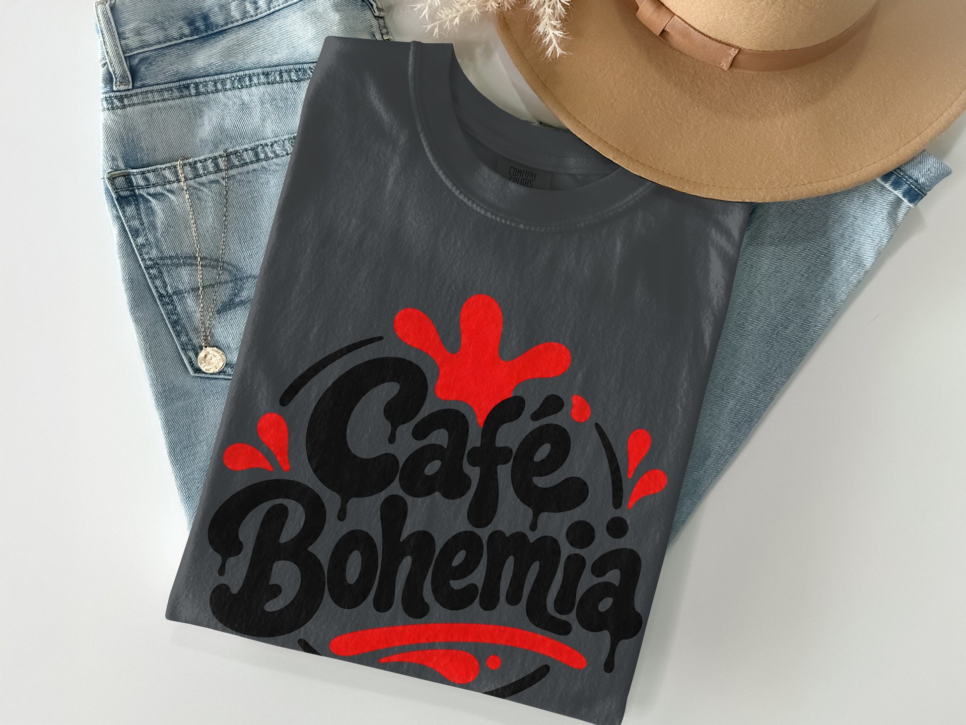 Dark gray t-shirt with "Café Bohemia" text and red splashes.