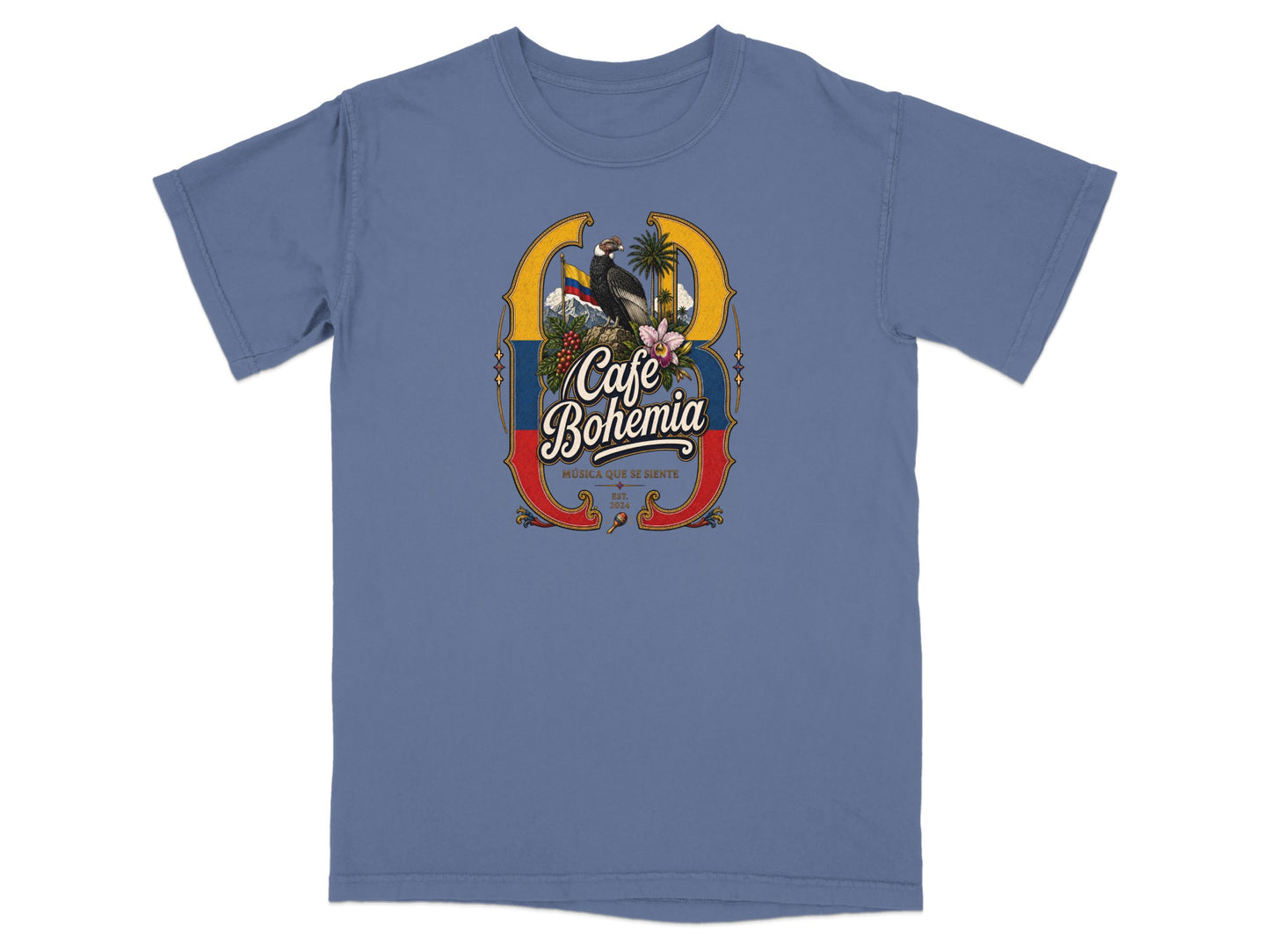 Blue t-shirt with "Cafe Bohemia" logo featuring a condor and Colombian flag.
