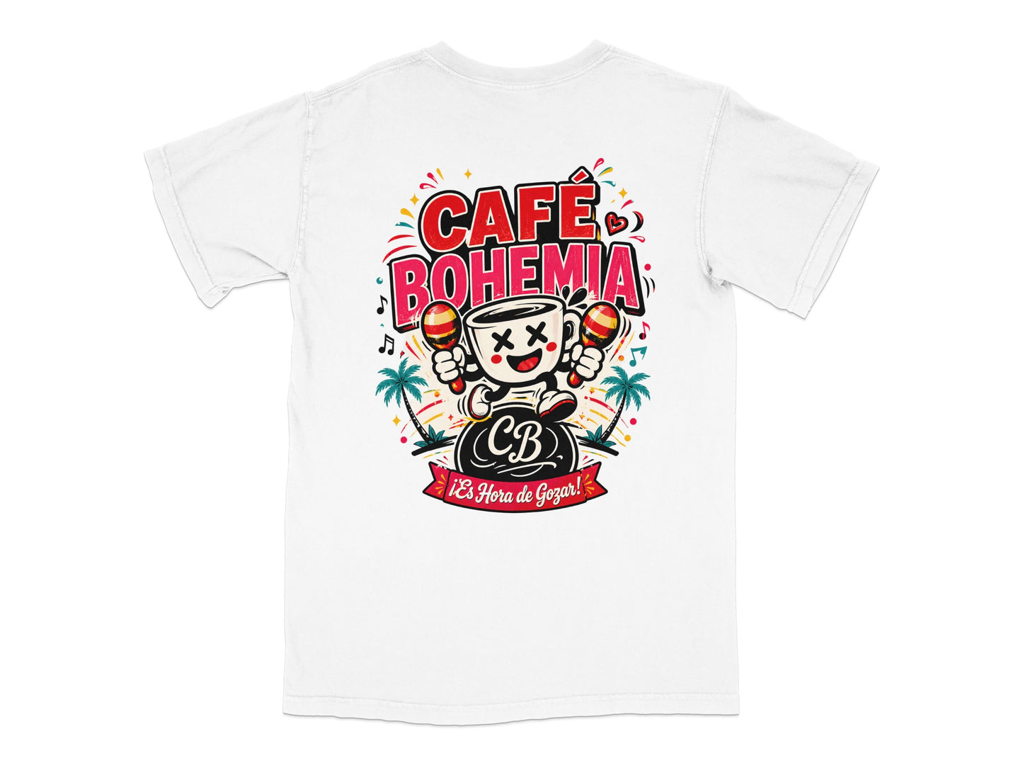 Café Bohemia t-shirt design with cartoon coffee cup characters holding maracas.