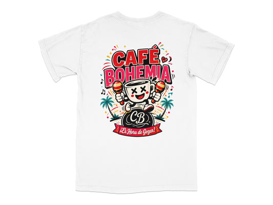 Café Bohemia t-shirt design with cartoon coffee cup characters holding maracas.
