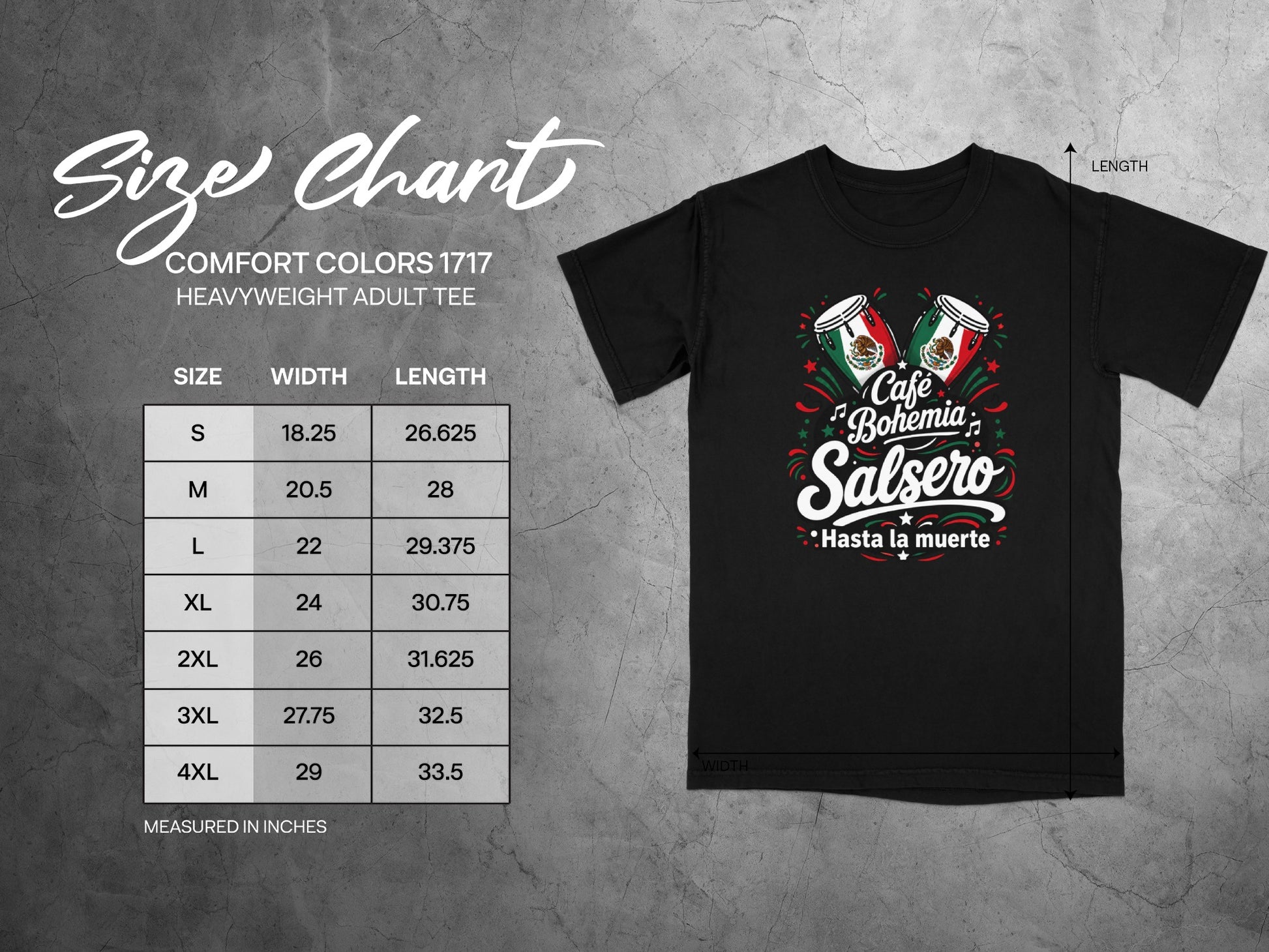 Size chart for a "Cafe Bohemia Salsero" t-shirt, with measurements in inches.