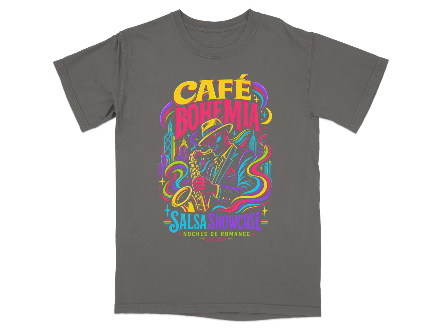 T-shirt with "Café Bohemia Salsa Showcase" graphic and saxophone player.