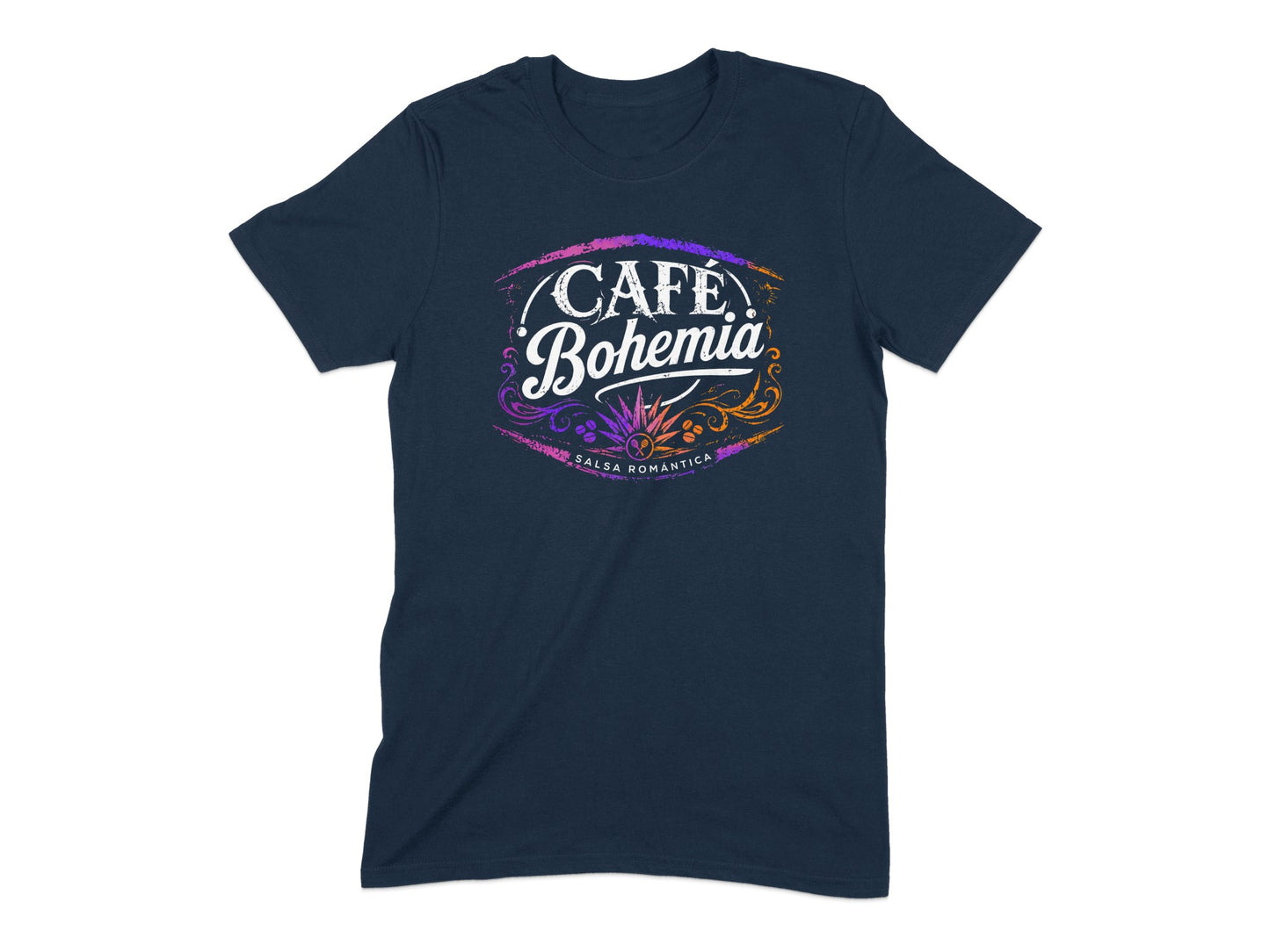 Navy t-shirt with "Café Bohemia Salsa Romántica" logo featuring colorful accents.