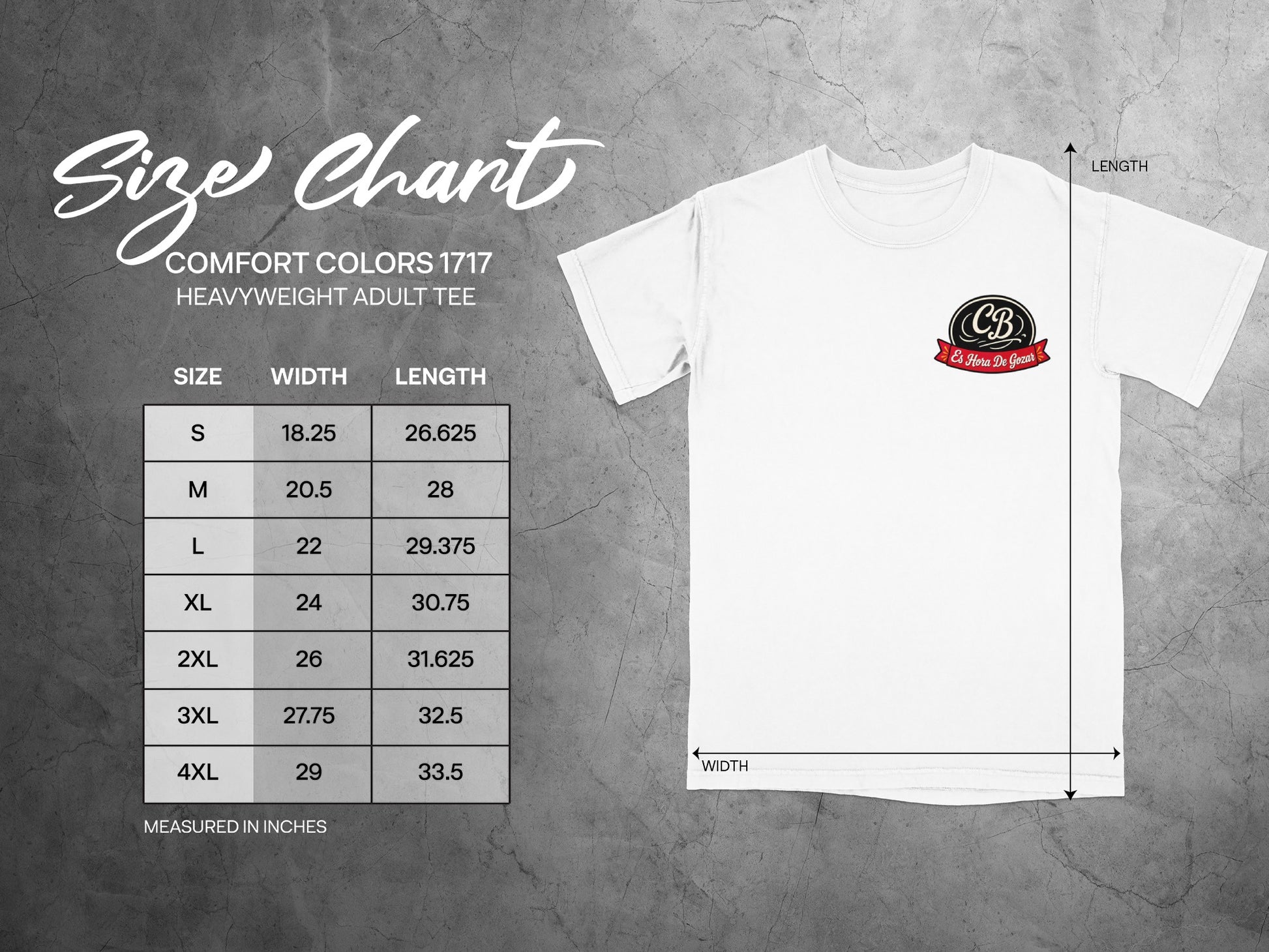 Size chart for Comfort Colors 1717 heavyweight adult tee, measured in inches.