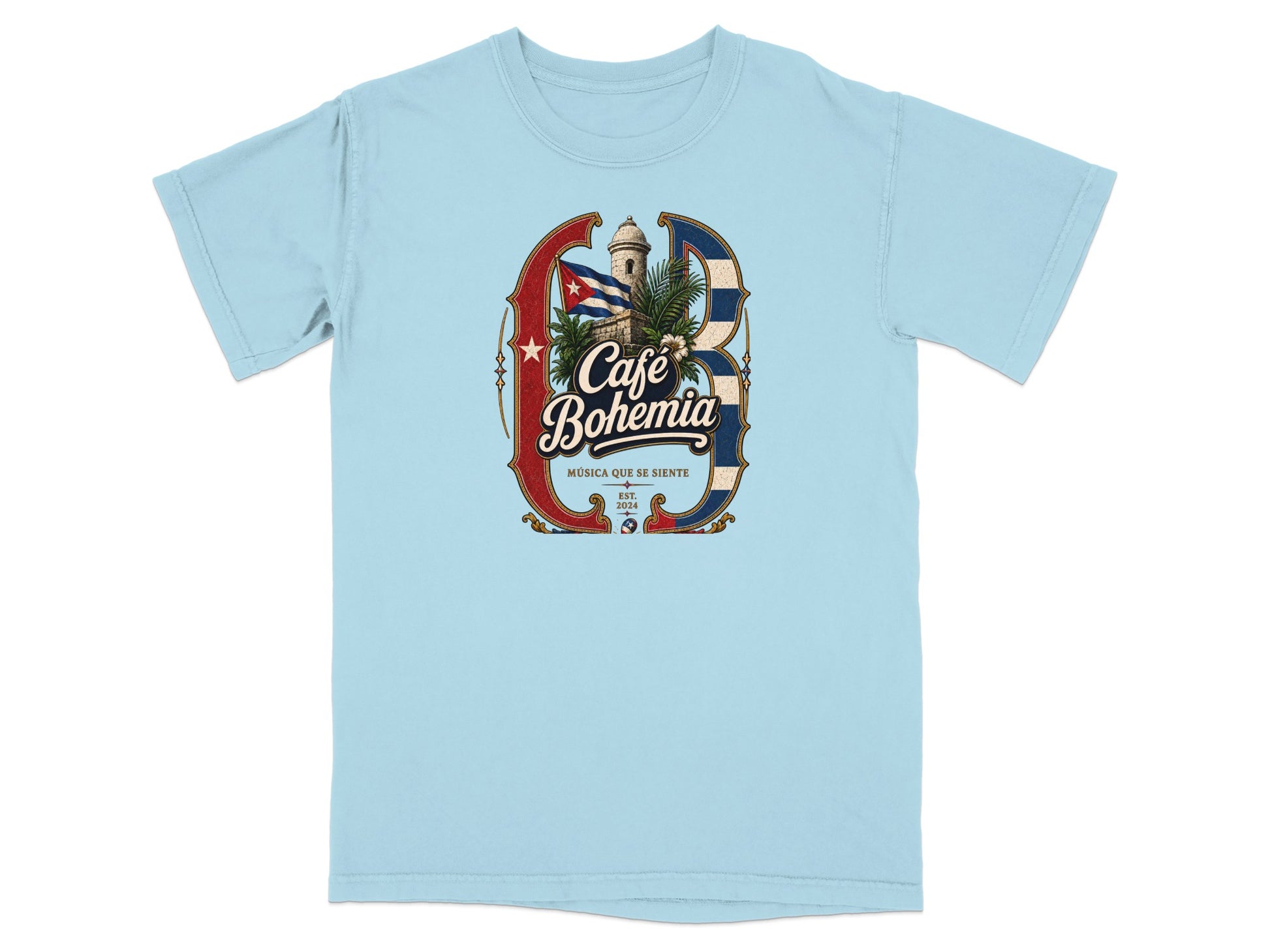 Light blue t-shirt with Café Bohemia logo featuring Cuban flag, lighthouse, and the text "MUSICA QUE SE SIENTE".