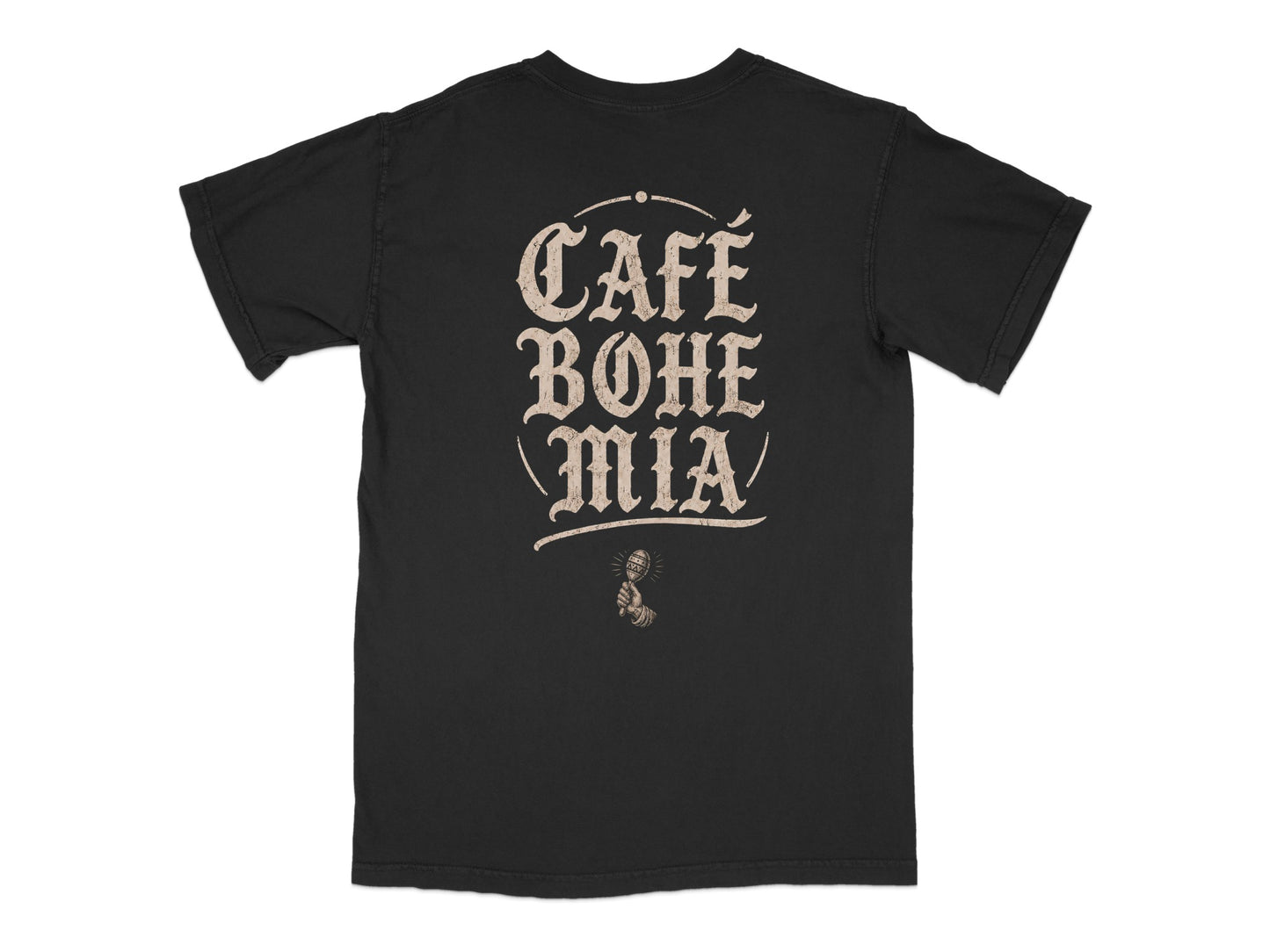 Black t-shirt with "CAFE BOHEMIA" in ornate font and a microphone illustration.