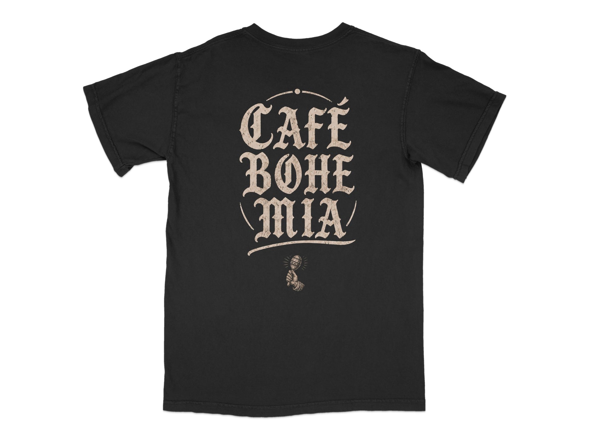 Black t-shirt with "CAFE BOHEMIA" in ornate font and a microphone illustration.