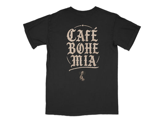 Black t-shirt with "CAFE BOHEMIA" in ornate font and a microphone illustration.