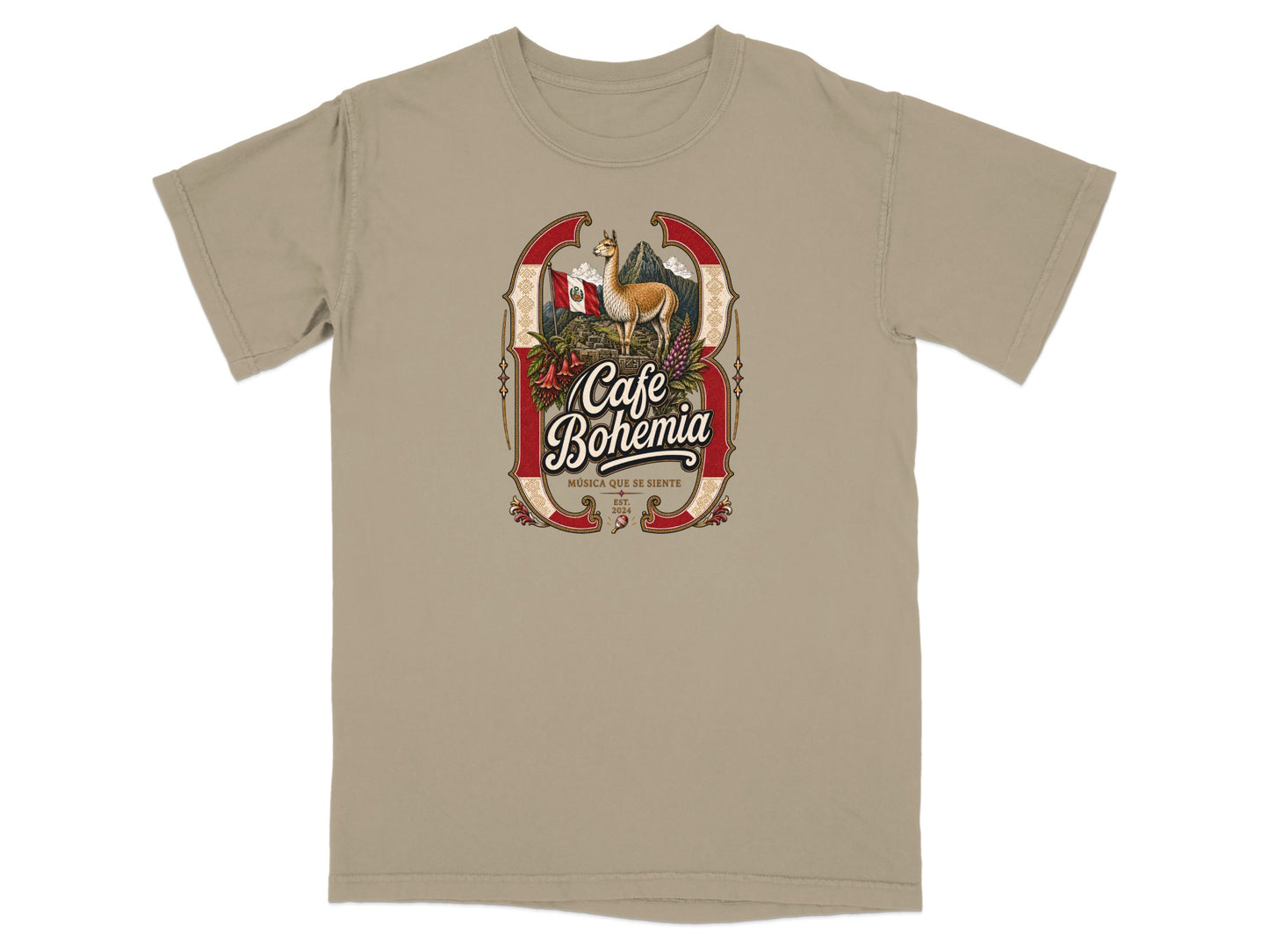 T-shirt with "Cafe Bohemia" logo showing a llama, Peruvian flag, and mountains.