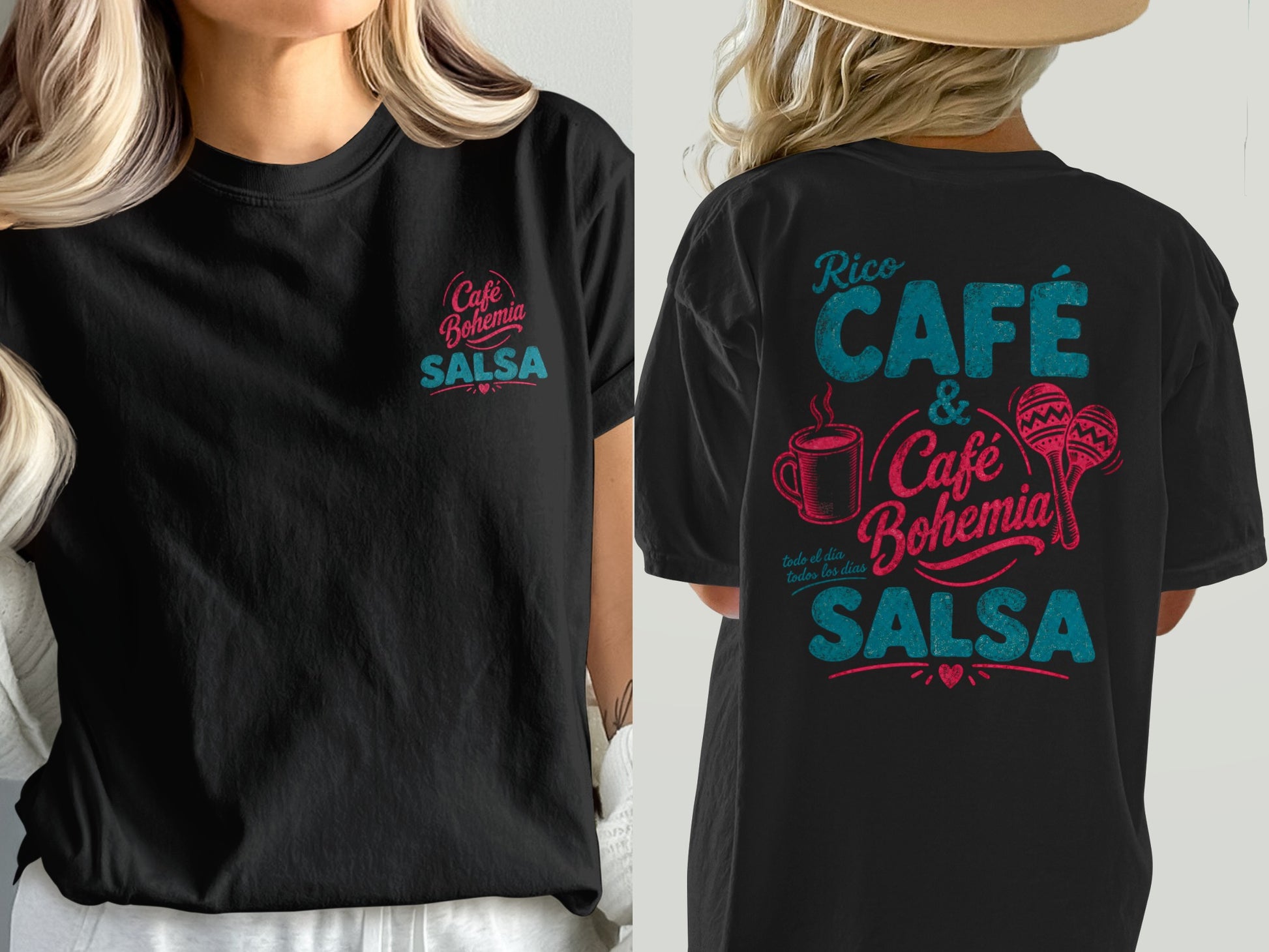 Black t-shirt with "Café Bohemia Salsa" graphic on front and back.
